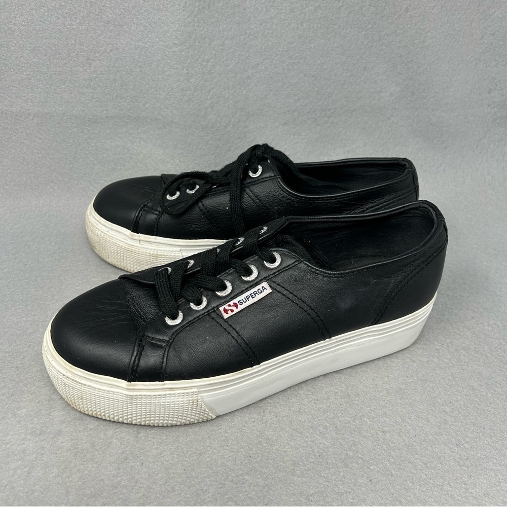 Superga Shoes Nappaleau Women Sz US 6.5 Black Leather Low Top Platform Sneakers